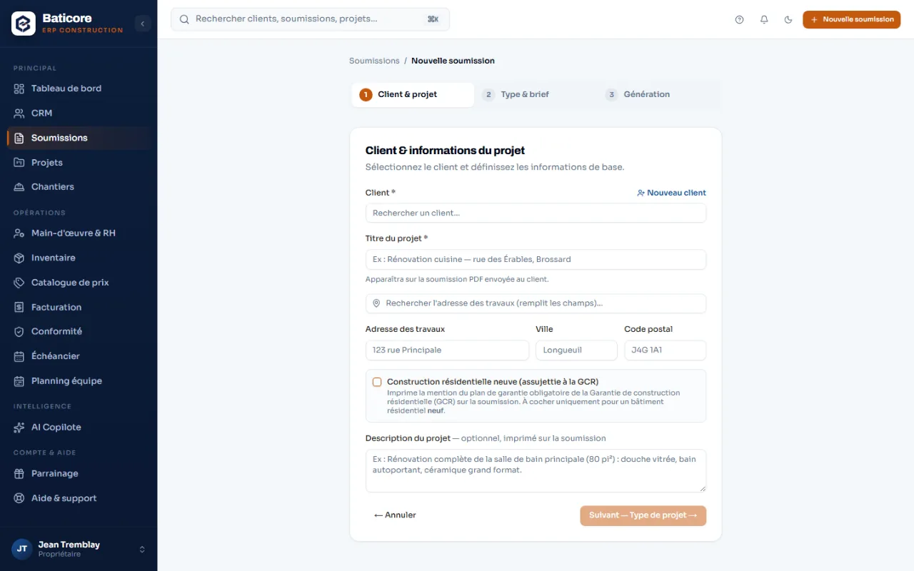 Assistant de création de soumission